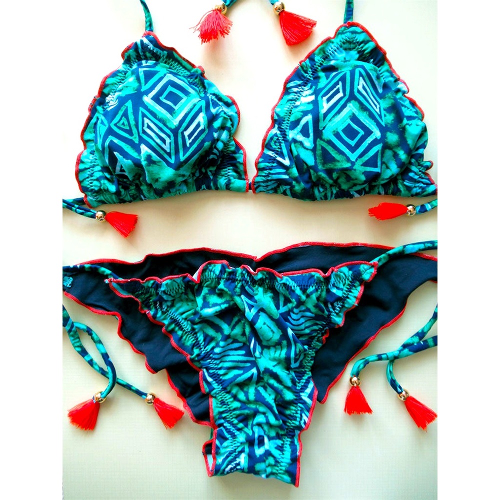 Brigitte Turquoise and Blue Geometric Tribal Print Ripple Triangle Bikini